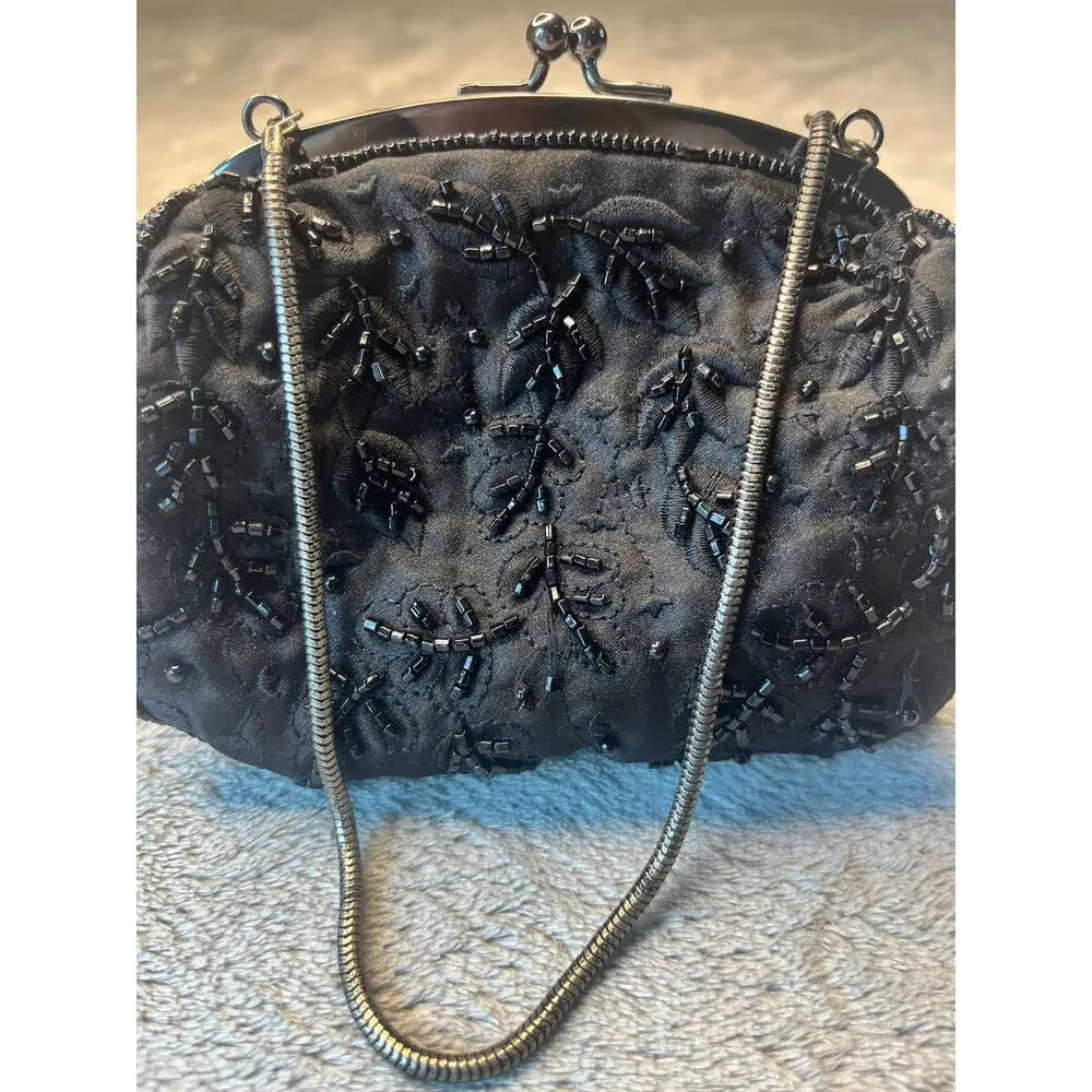 Indeed Black Beaded Satin Evening Clutch Bag Floral Embroidery Kiss Lock Formal